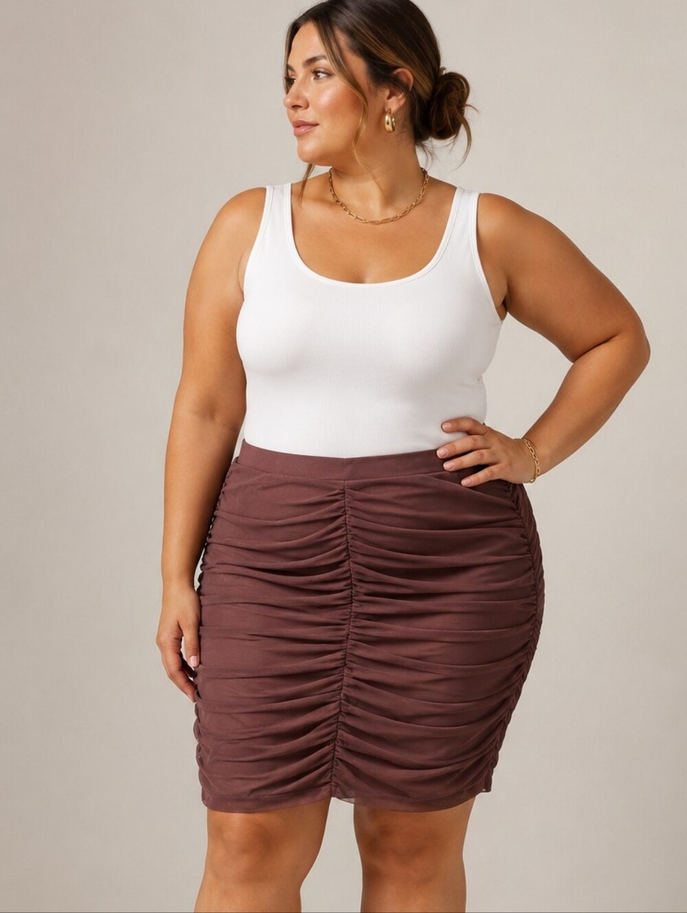 AdditionElle NEW Plus Size 1x: Ruched Mini Bodycon Skirt in Chocolate Brown